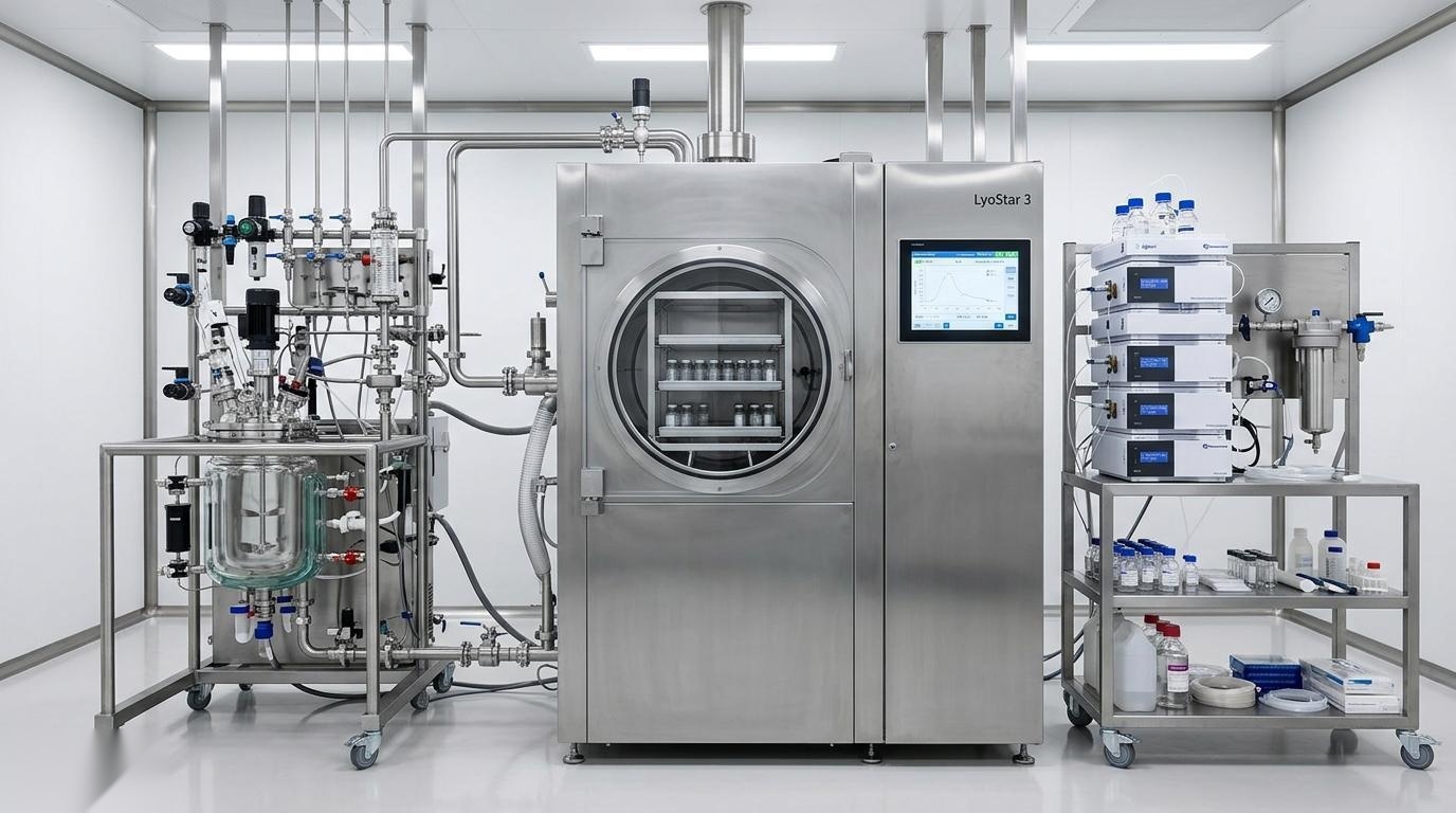 Pharmaceutical production suite with lyophilizer, peptide synthesizer, HPLC columns, and consumables in cleanroom