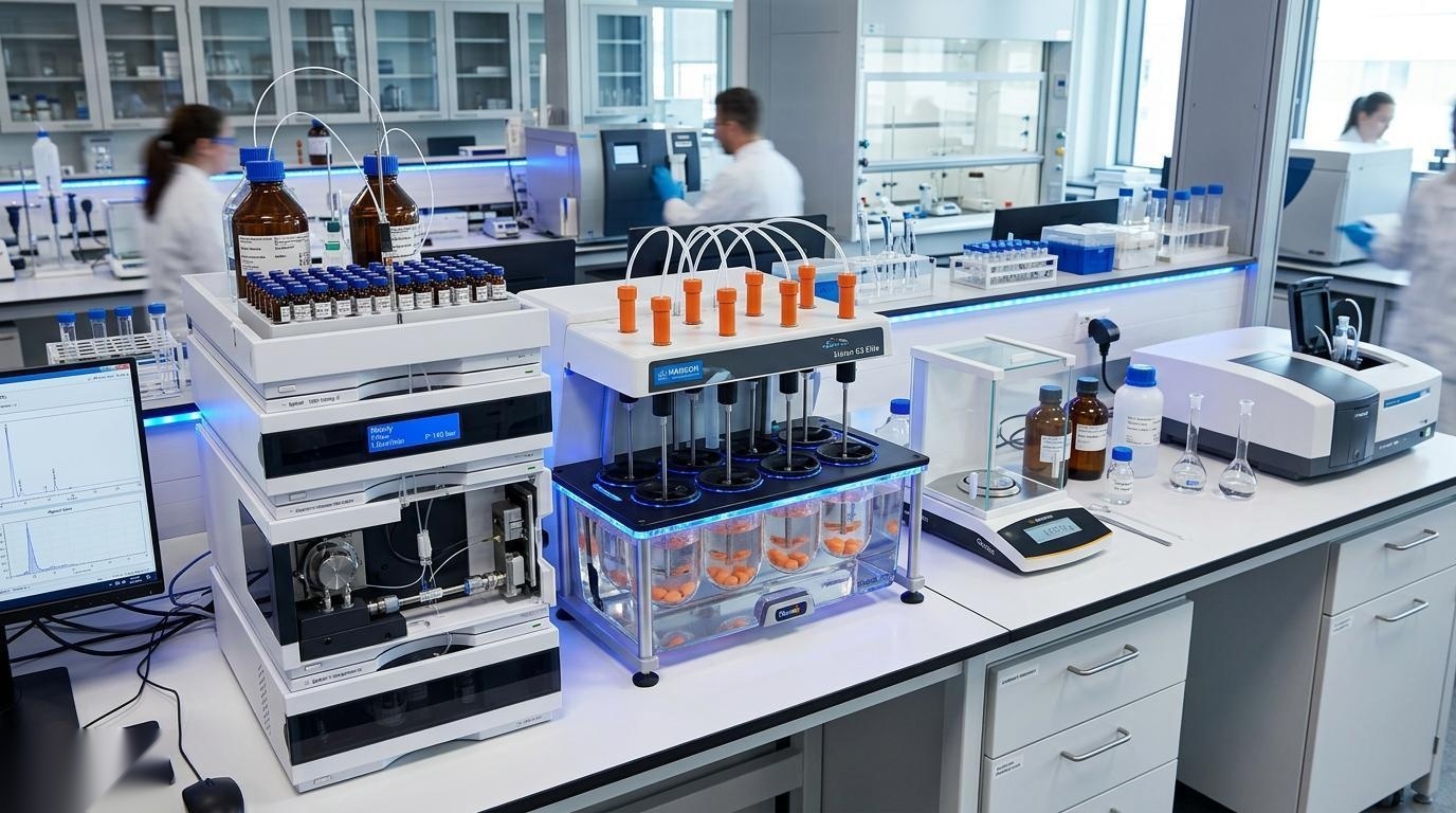 Pharmaceutical analytical QC laboratory with HPLC autosampler, dissolution tester, analytical balance, and UV spectrophotometer