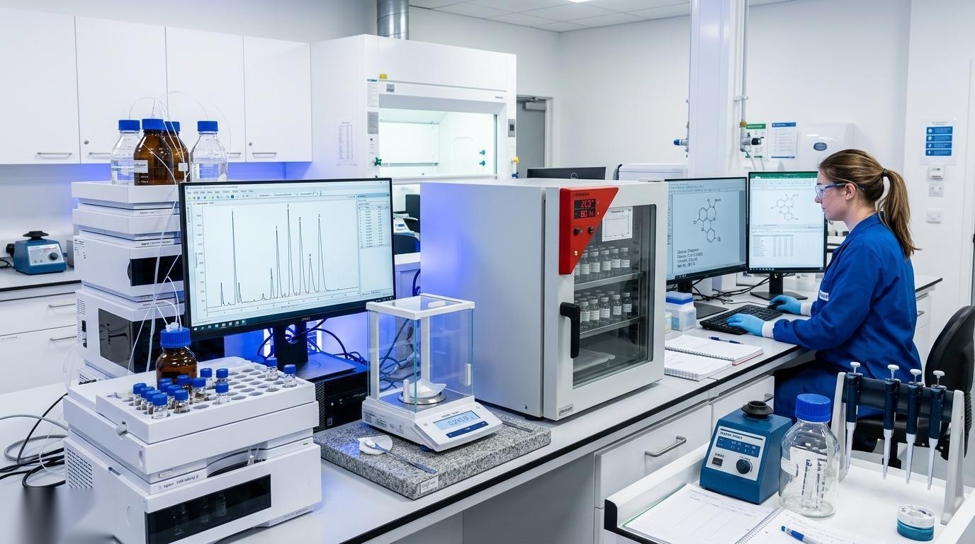 Pharmaceutical QC analytical laboratory with HPLC system, chromatogram displays, stability chamber, and analytical balance