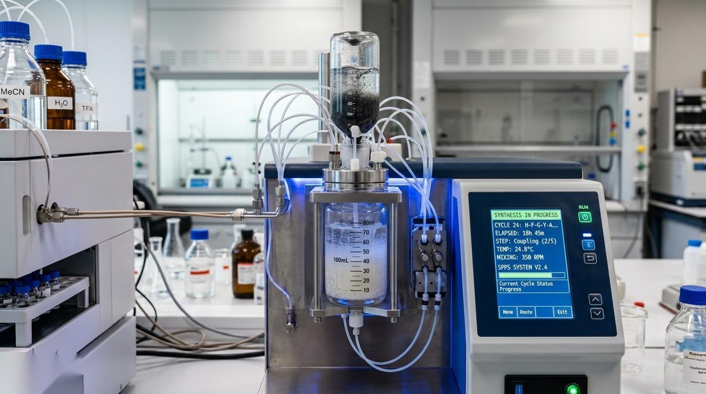 Automated SPPS peptide synthesizer in GMP laboratory with glass reaction vessel and digital controls